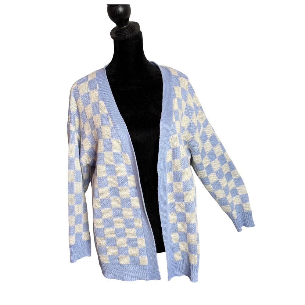 Womens Open Front Checkerboard Cardigan Sweater Size‎ 10 Blue Layering Preppy